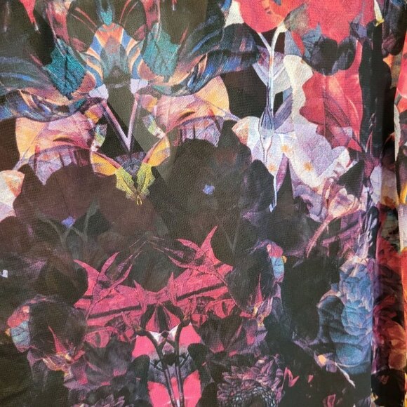 Nicole Miller Sz M Floral Semi Sheer LS Faux Wrap Hi Lo Collared Blouse Pocket - Picture 7 of 8